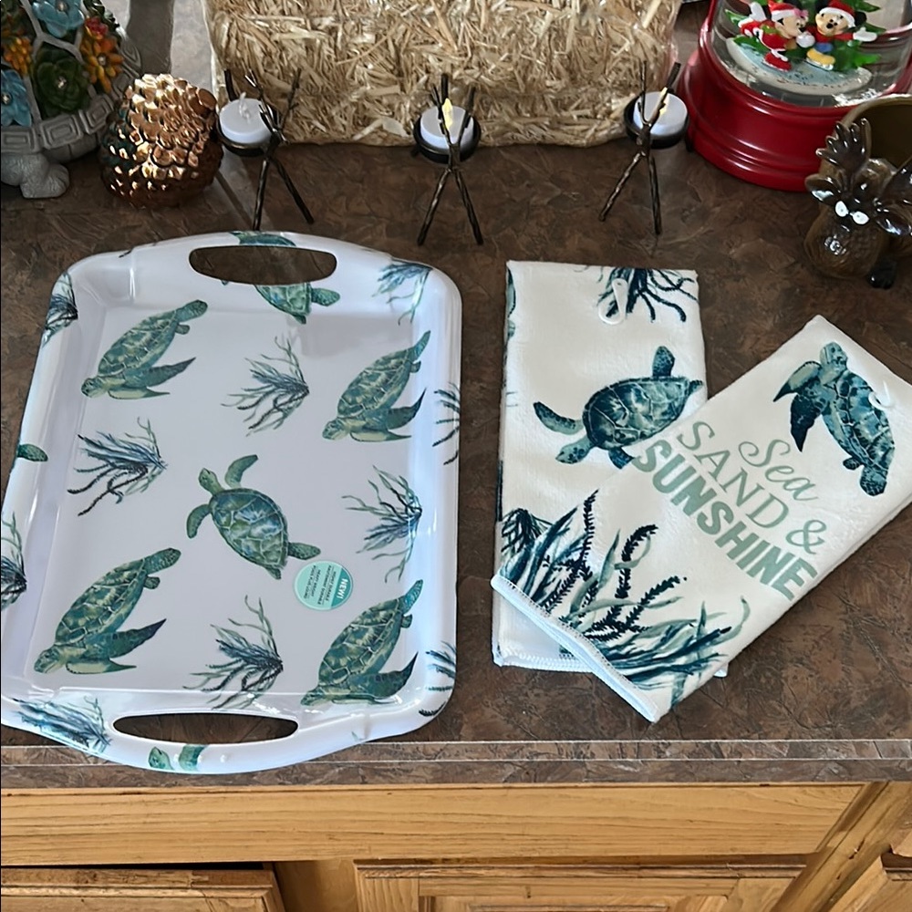 Sea Turtle  Melamine Serving Tray and Towel Set